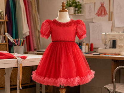 Rochie de ocazie pentru fete, roșie, cu mâneci bufante, broderie la guler și fustă din tulle cu volane