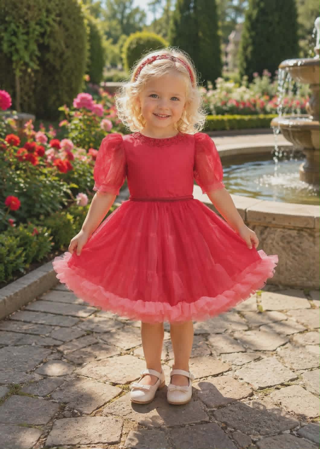 Rochie Roșie cu Tulle și Mergele