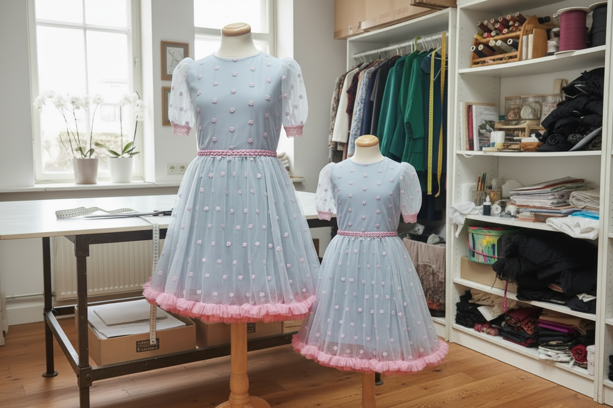 Două busturi de croitorie cu aceeași rochie în atelier
