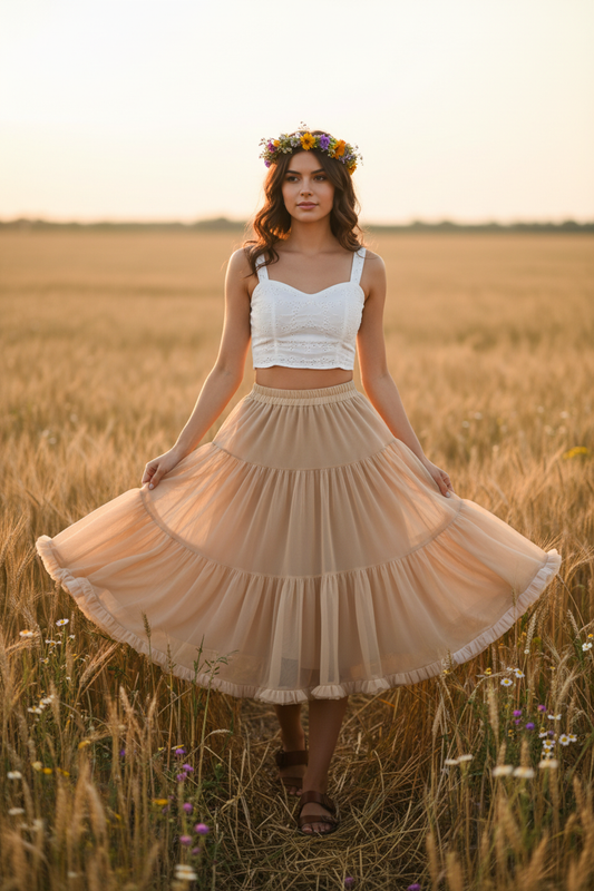 Fustă bej boho crop top
