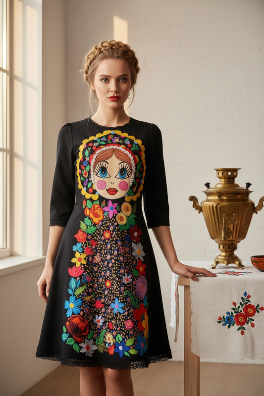 Rochie Mashenka cu Matrioșka pe model blondă în decor rusesc