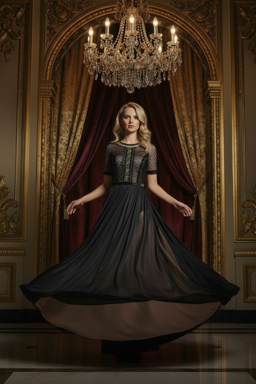 Rochie Maxi Lumière Noire - voal transparent cu căptușeală bej