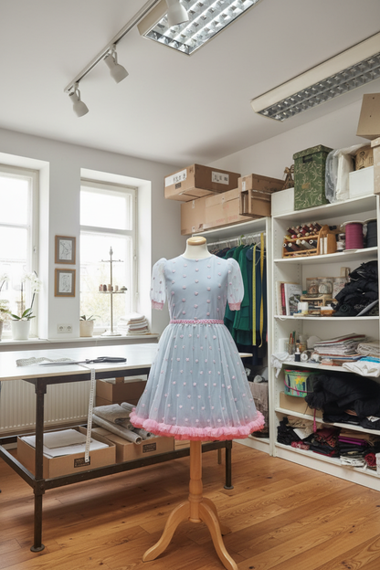 Rochie pe bust de croitorie în atelier ordonat